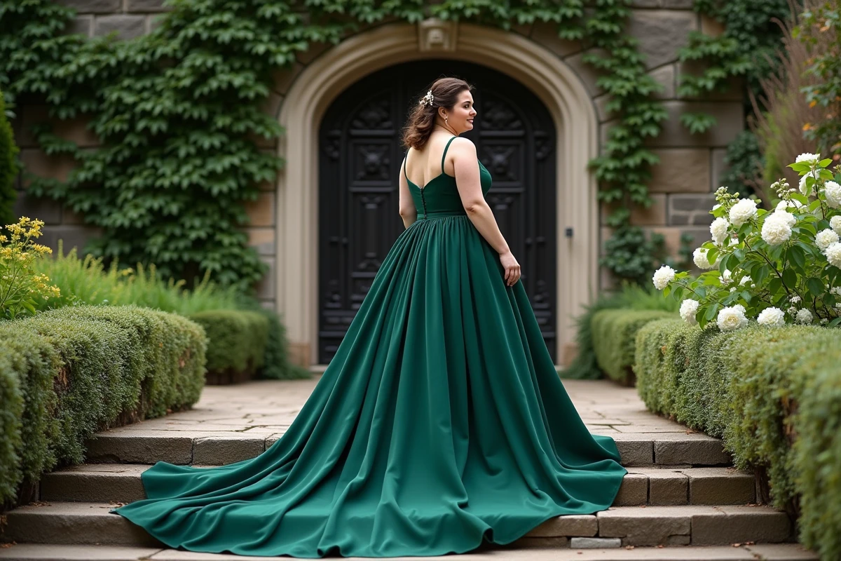 Jeune mariée en robe verte dans un jardin historique