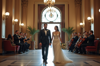 Jeune couple marié dans un hall historique élégant