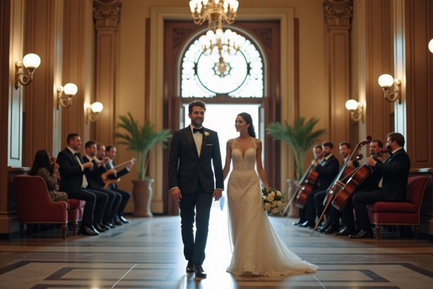 Jeune couple marié dans un hall historique élégant
