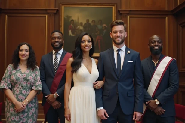 Cérémonie de mariage civil en mairie française avec un couple mixte et deux témoins multiculturels souriants