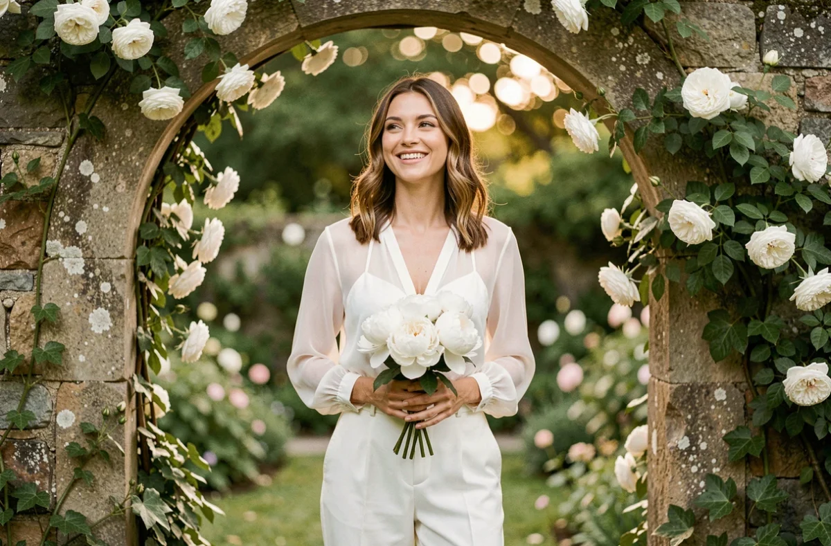 Mariée en pantalon blanc cigarette et blouse en mousseline dans un jardin avec arche en pierre et roses blanches, alternative à la robe de mariée