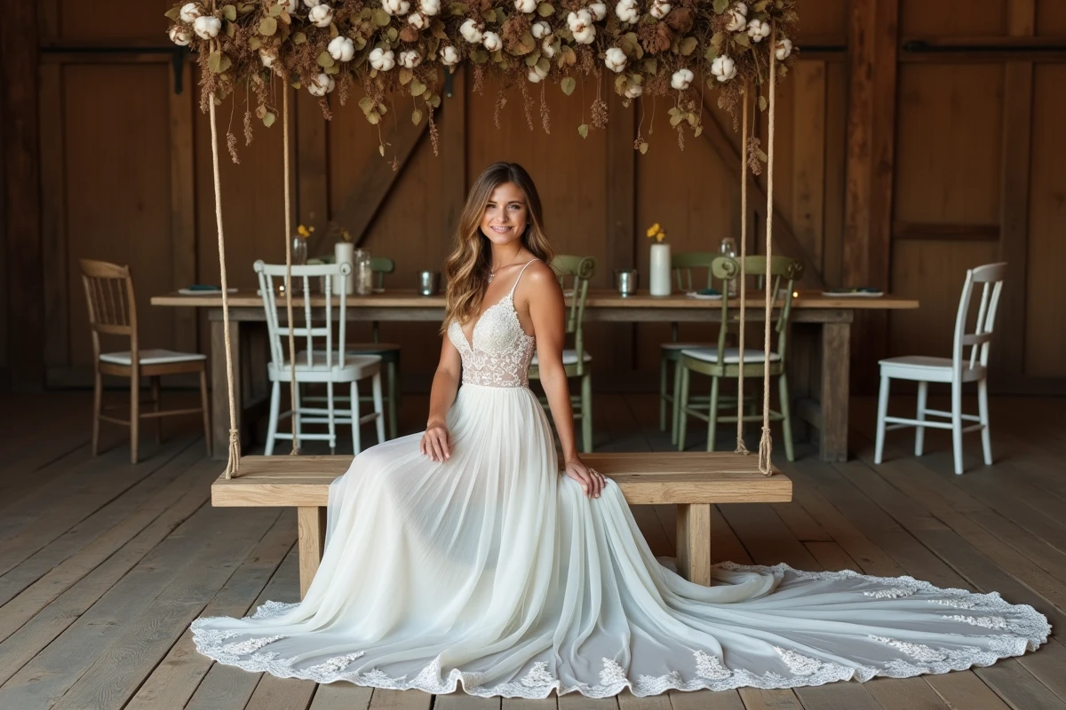 Mariée assise dans une grange rustique portant une robe bohème courte devant longue derrière avec traîne en dentelle étalée sur le plancher en bois