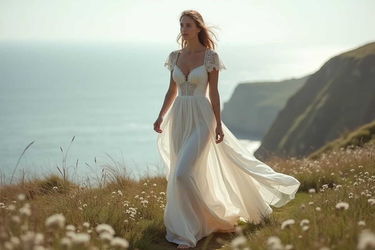 Mariée en robe en mousseline de soie marchant pieds nus dans une prairie en bord de falaise avec l'océan en arrière-plan