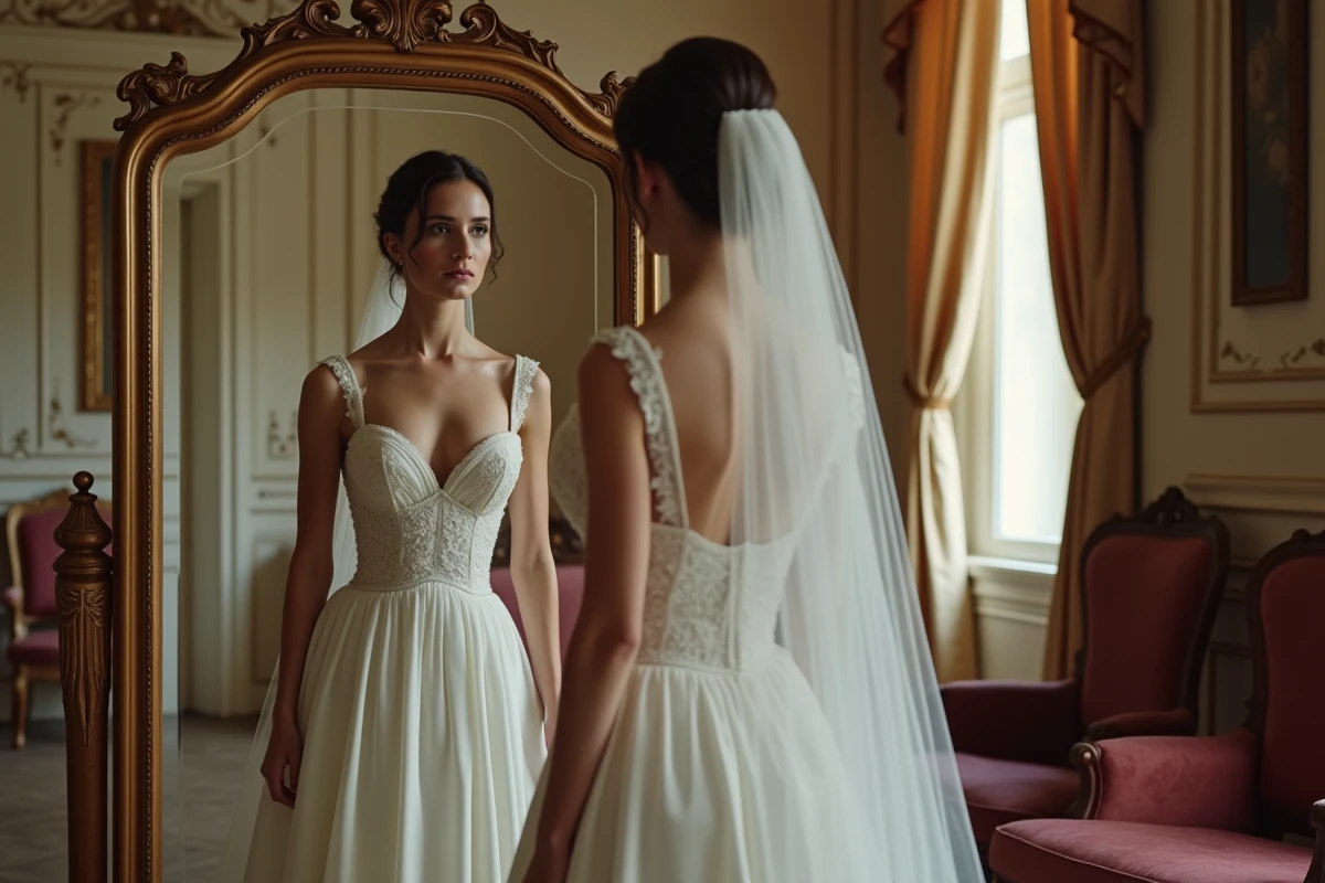 Mariée en robe de satin avec voile cathédrale brodé se reflétant dans un miroir doré baroque dans un salon du XIXe siècle