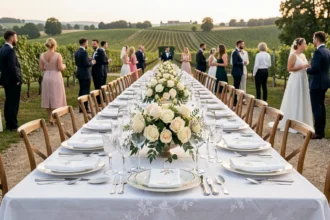 Table de mariage dressée avec élégance dans la région de la Loire, avec vignes en arrière-plan