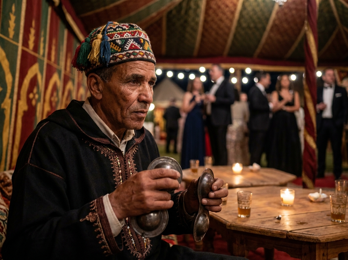 Musicien Gnawa en jellaba brodée jouant des crotales lors d'un événement privé à Marrakech