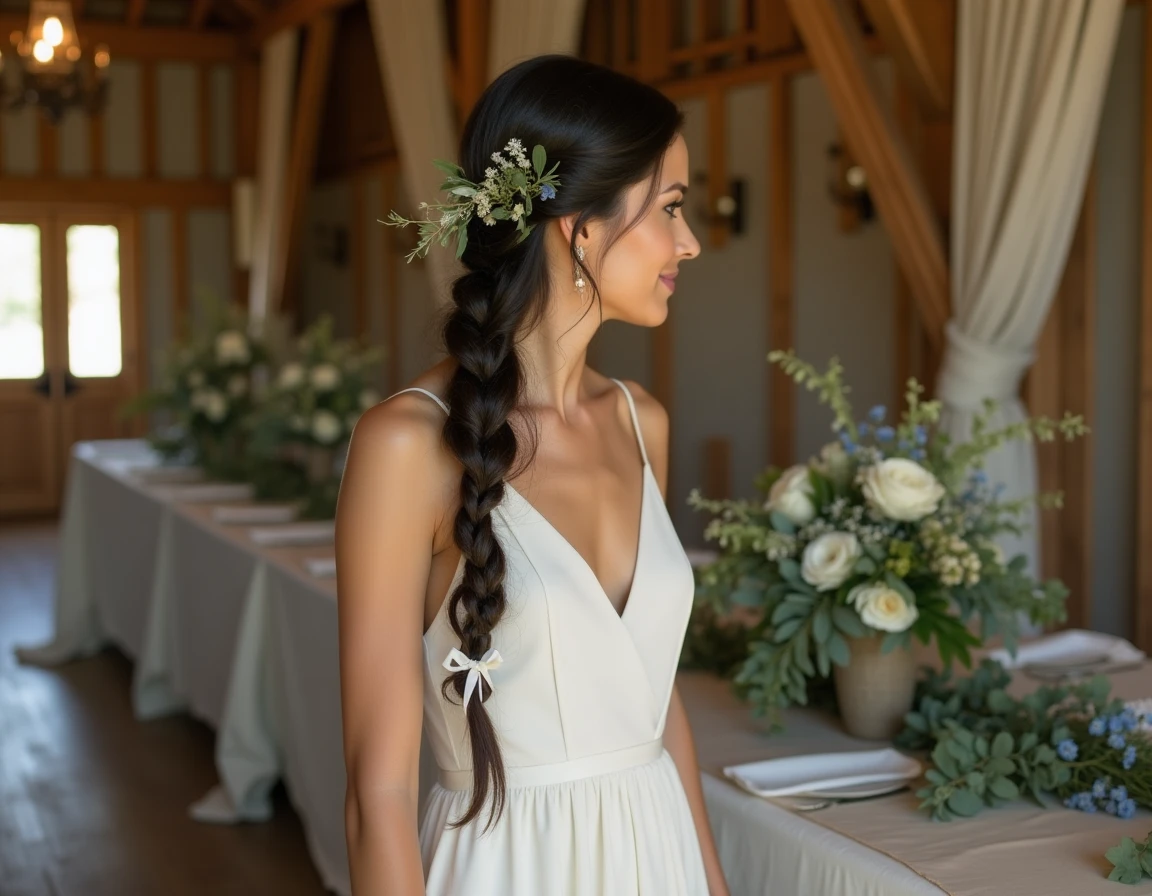 Mariée avec une natte latérale ornée de fleurs sauvages et eucalyptus dans un décor de grange rustique champêtre