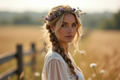 Femme en robe de mariée bohème avec une natte tressée ornée de fleurs séchées et lavande dans un champ de blé champêtre