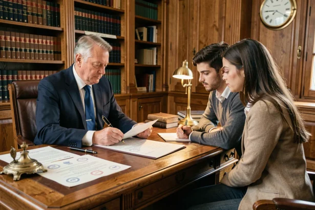 Notaire expliquant un contrat de mariage à un couple dans un office notarial traditionnel avec documents officiels sur le bureau