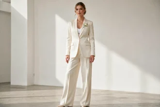 Femme portant un pantalon large ivoire et un blazer satiné blanc cassé dans un studio minimaliste, tenue de mariée alternative élégante