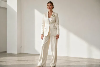 Femme portant un pantalon large ivoire et un blazer satiné blanc cassé dans un studio minimaliste, tenue de mariée alternative élégante