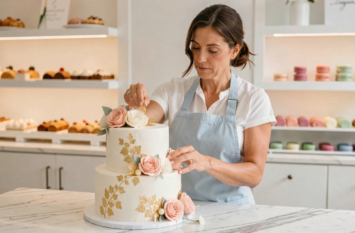 Pâtissière décorant un gâteau de mariage à plusieurs étages avec des fleurs en sucre dans une pâtisserie