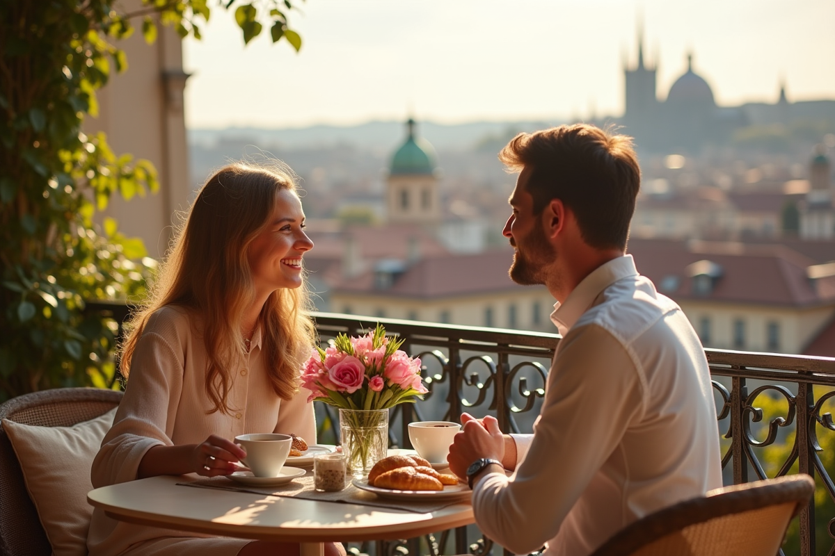 Couple prenant le petit déjeuner sur un balcon avec vue sur une ville européenne