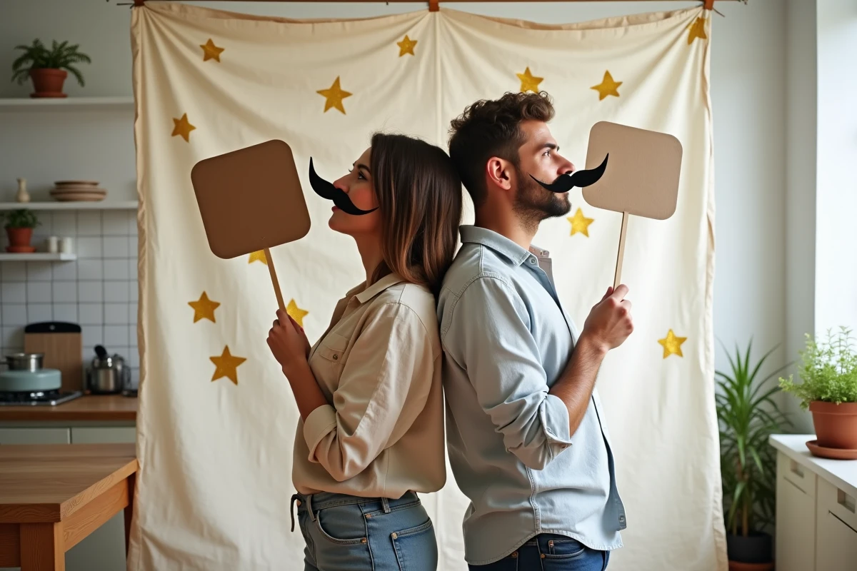 Couple tenant des accessoires amusants devant un photobooth artisanal fait de tissu et d'étoiles dorées dans une cuisine décorée
