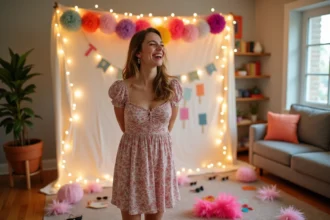 Jeune femme souriante devant un photobooth DIY fait maison avec pompons en papier et accessoires colorés dans un salon cosy