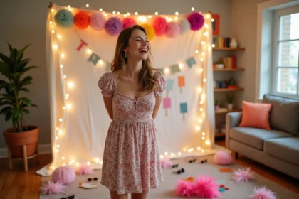 Jeune femme souriante devant un photobooth DIY fait maison avec pompons en papier et accessoires colorés dans un salon cosy