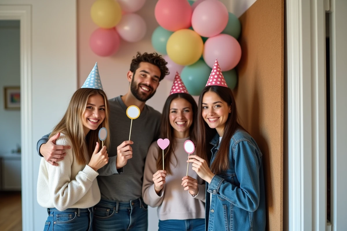 Groupe d'amis hilares avec accessoires photo devant un mur de ballons pastel DIY dans un couloir de maison festif