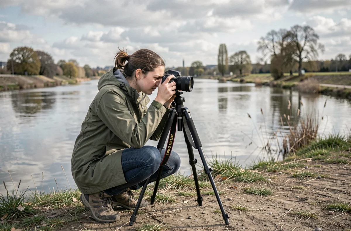 Photographe jeune femme en train de photographier la confluence de la Seine et de l'Yonne à Montereau-Fault-Yonne avec un trépied