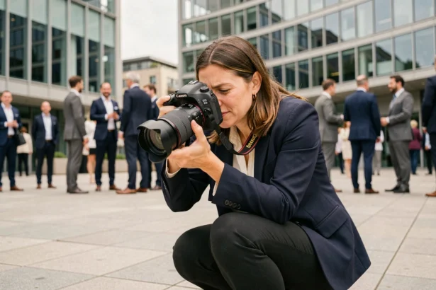 Photographe professionnelle en action lors d'un événement corporate en extérieur à Colombes
