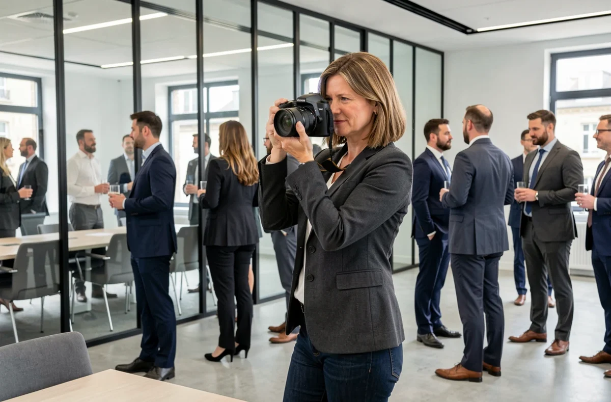 Photographe professionnelle lors d'un événement d'entreprise dans une salle de conférence moderne au Creusot