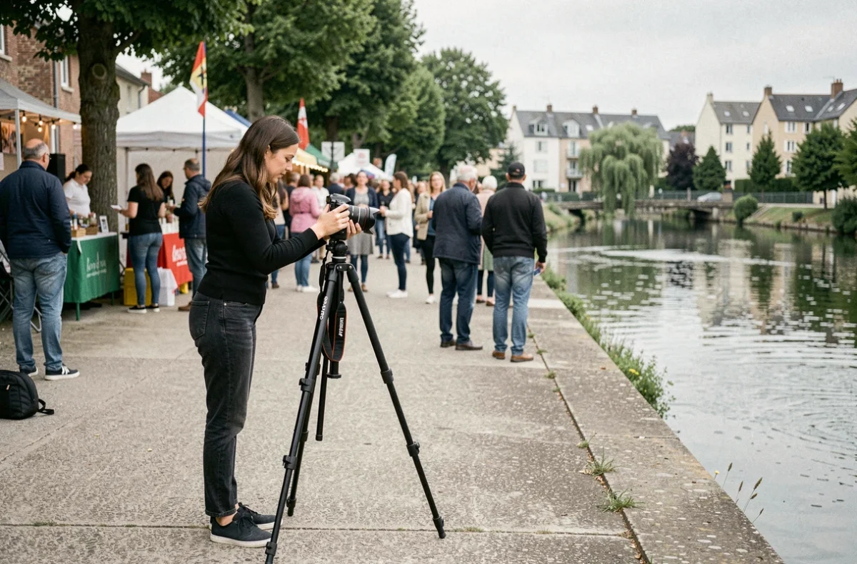 Photographe installant son trépied lors d'un événement en plein air au bord de l'eau à Colombes
