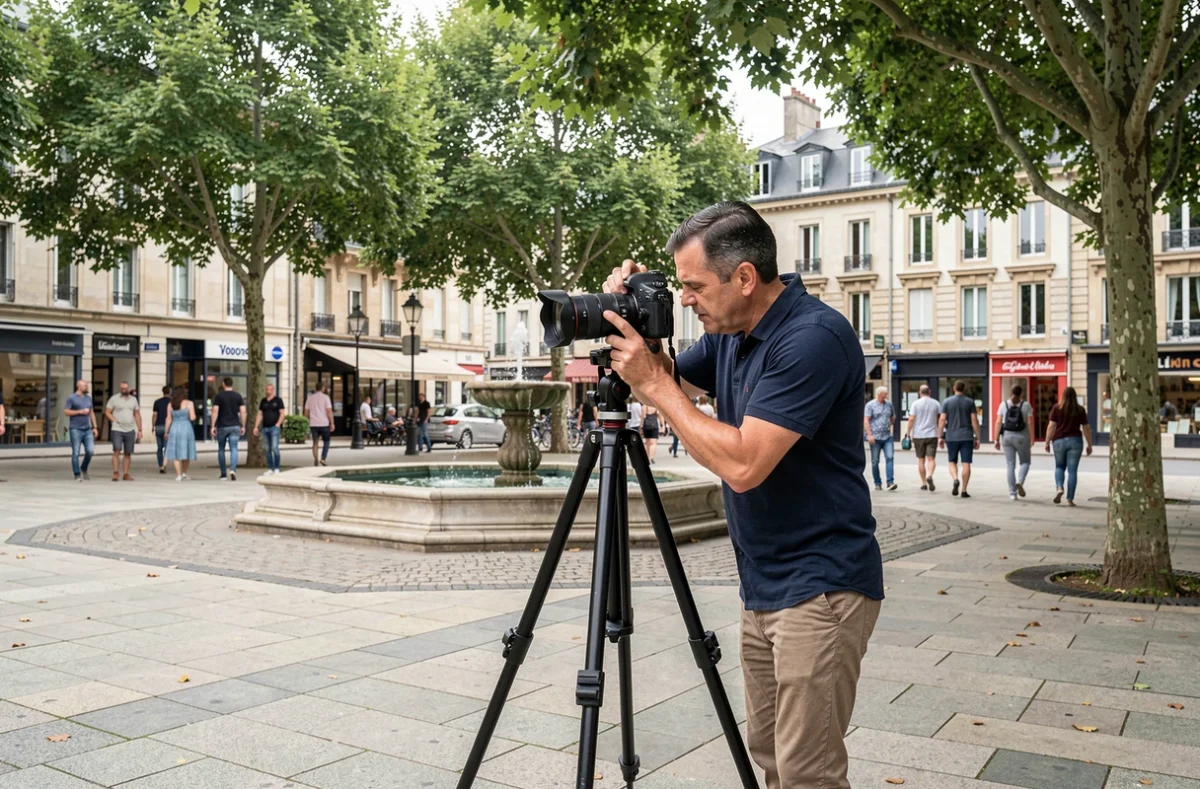 Photographe installant son matériel sur une place publique de Pontault-Combault pour une séance photo en extérieur