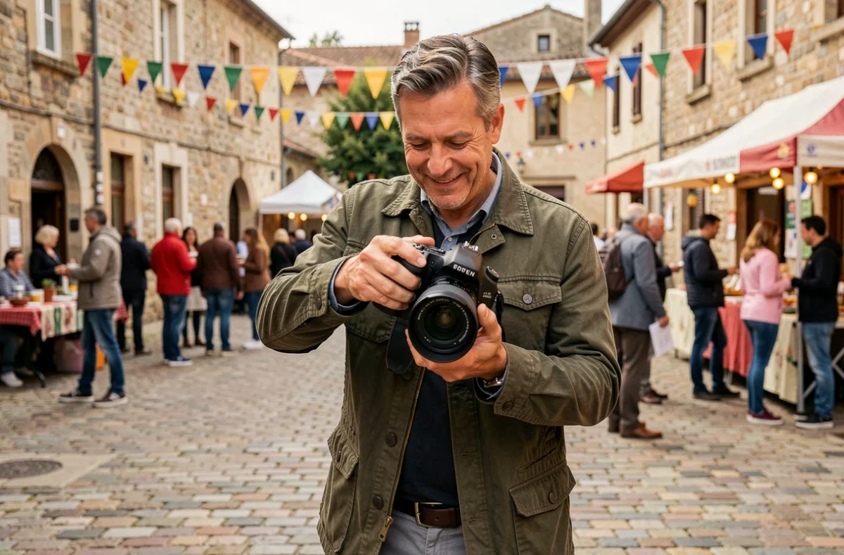 Photographe consultant ses images lors d'un festival en plein air dans une place de ville au Creusot