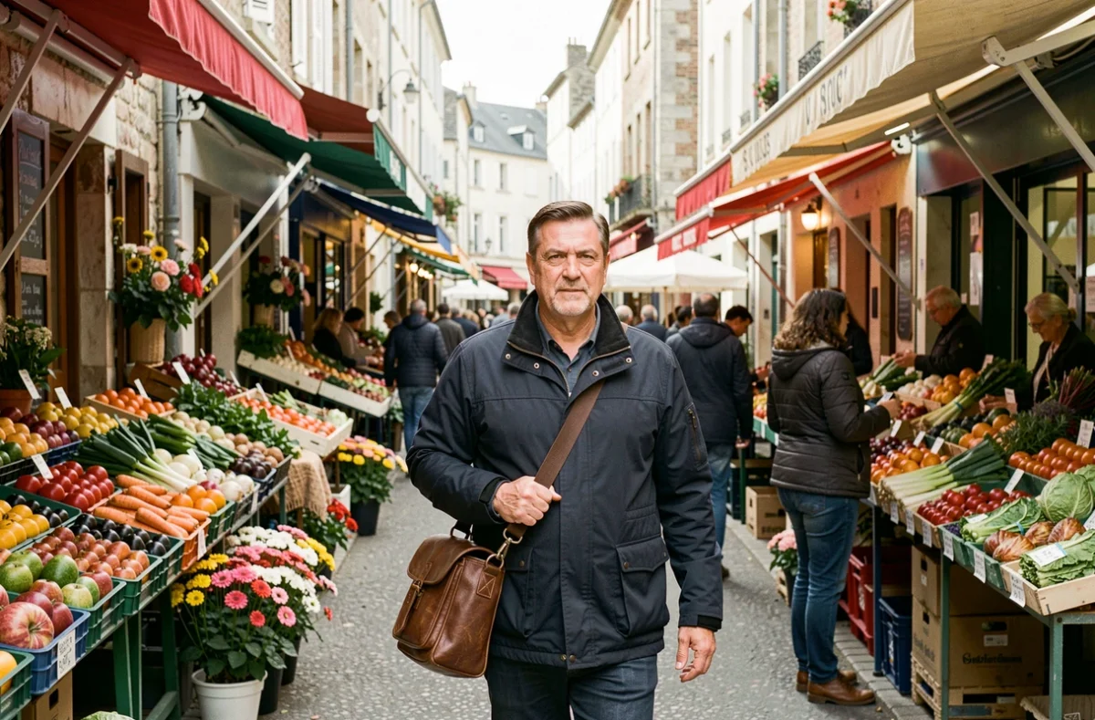 Photographe masculin se déplaçant dans un marché en plein air animé à Montereau-Fault-Yonne avec son matériel photo