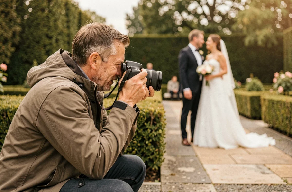 Photographe de mariage en action dans un parc à Beauvais lors d'une séance photo de couple