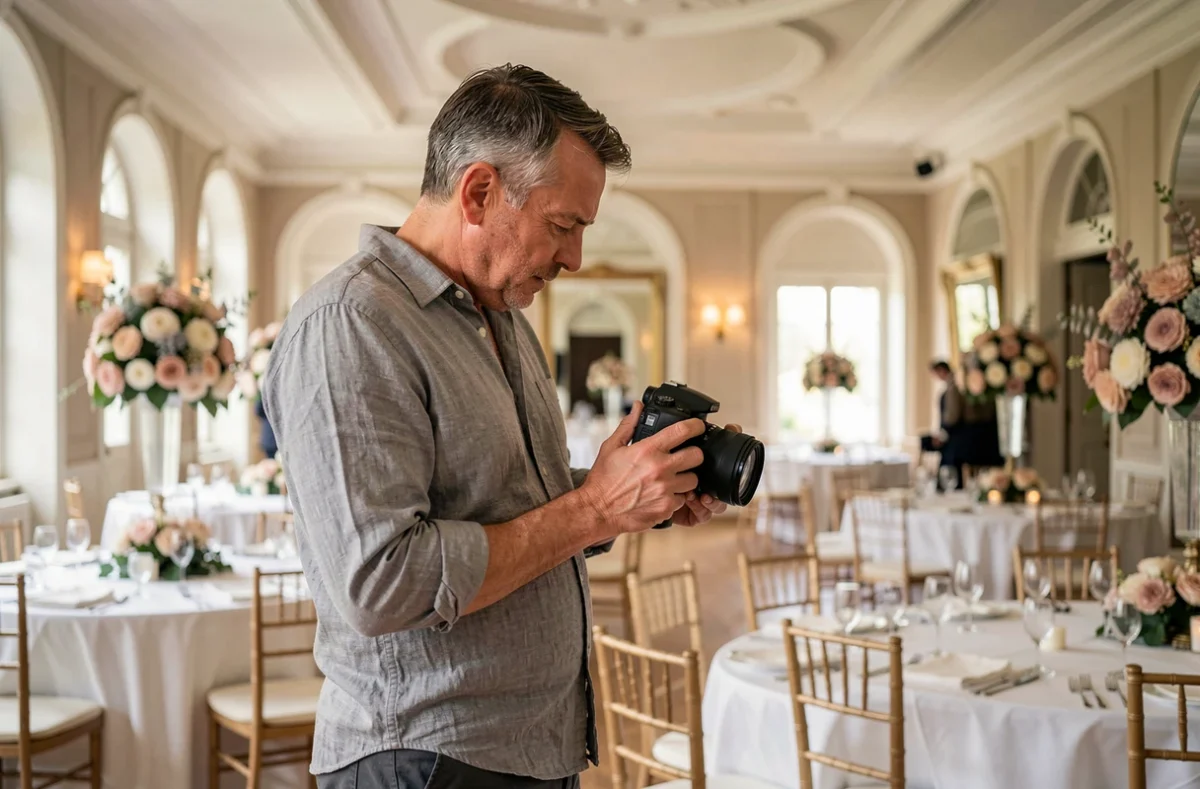 Photographe de mariage vérifiant ses clichés dans une salle de réception élégante à Colombes