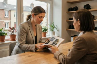 Photographe professionnelle présentant son portfolio à un client dans un espace de coworking à Pontault-Combault
