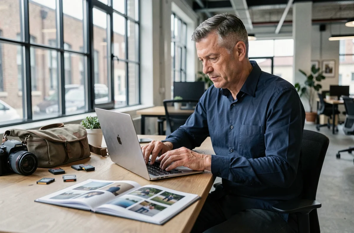 Photographe masculin révisant son portfolio dans un espace de coworking à Beauvais