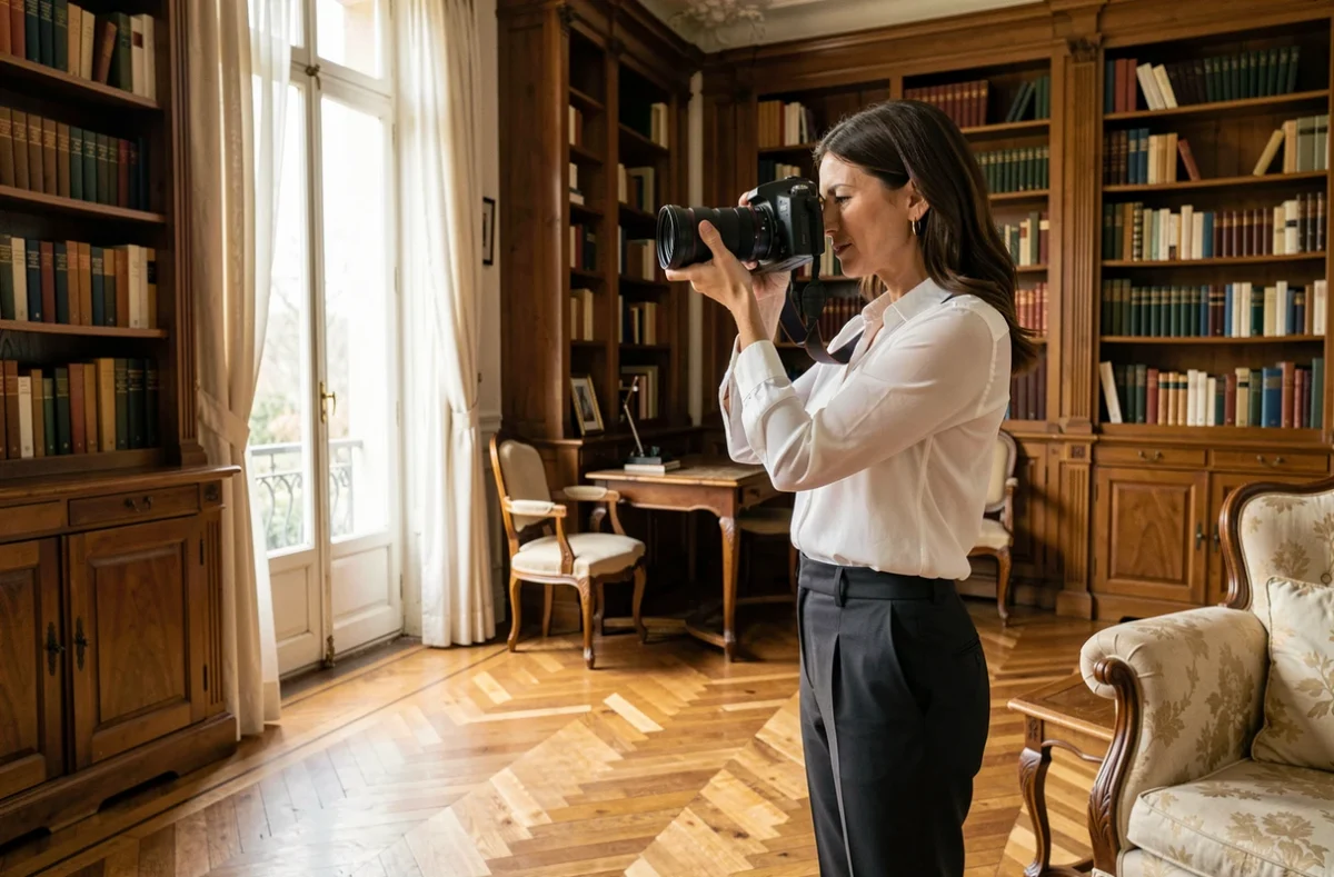 Photographe professionnelle préparant un portrait de famille dans un intérieur élégant au Creusot