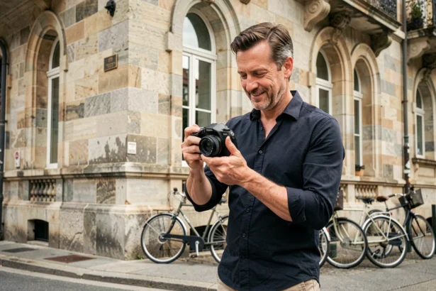 Photographe professionnel masculin consultant son appareil photo devant un bâtiment en pierre à Annemasse