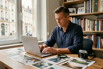 Photographe professionnel assis à son bureau à Bolbec, révisant des photos sur un ordinateur portable