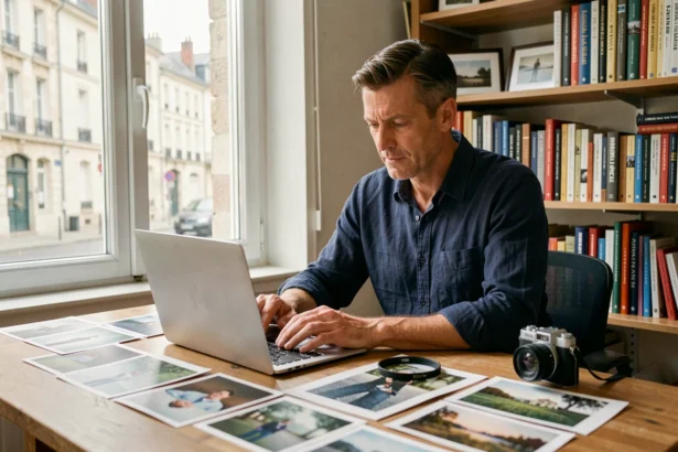 Photographe professionnel assis à son bureau à Bolbec, révisant des photos sur un ordinateur portable