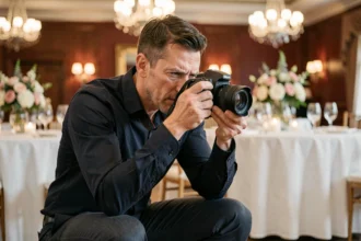Photographe professionnel en action lors d'une réception de mariage en Bourgogne, appareil photo en main