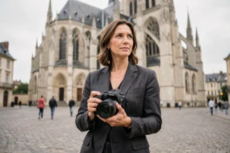 Photographe professionnelle devant la cathédrale de Beauvais avec son appareil photo reflex