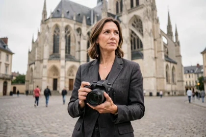 Photographe professionnelle devant la cathédrale de Beauvais avec son appareil photo reflex
