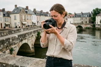 Photographe professionnelle ajustant son appareil photo devant le pont historique de Montereau-Fault-Yonne au bord de l'Yonne