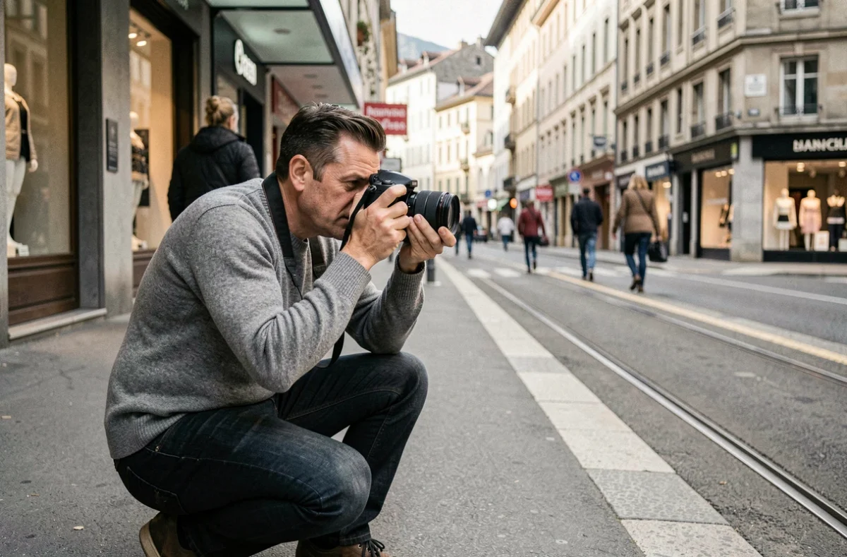 Photographe professionnel en reportage dans une rue commerçante d'Annemasse avec devantures de magasins