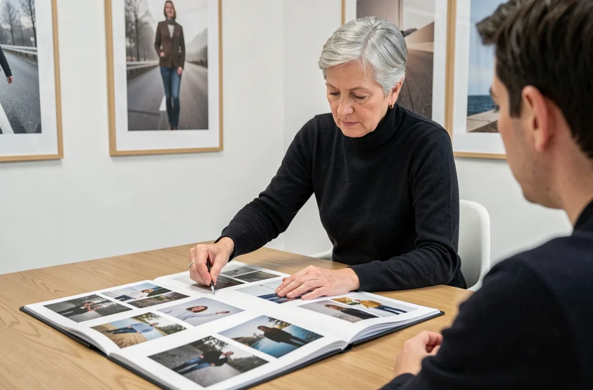 Photographe professionnelle présentant son portfolio à un client dans un studio photo à Bolbec
