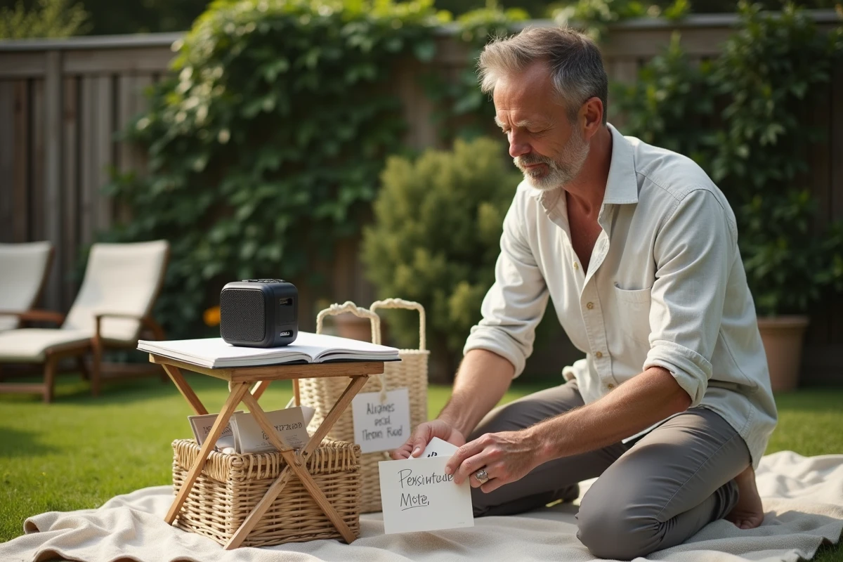 Homme préparant le matériel du jeu des douze mois dans un jardin avec des fiches imprimées et une enceinte portable