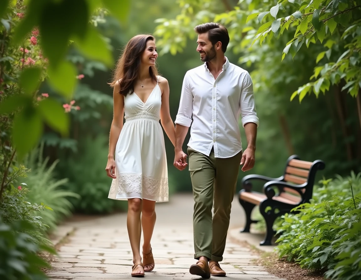 Couple se promenant dans un jardin botanique pour célébrer leurs 2 mois de mariage, symbolisant les noces de coton et de rosée dans une ambiance naturelle et authentique
