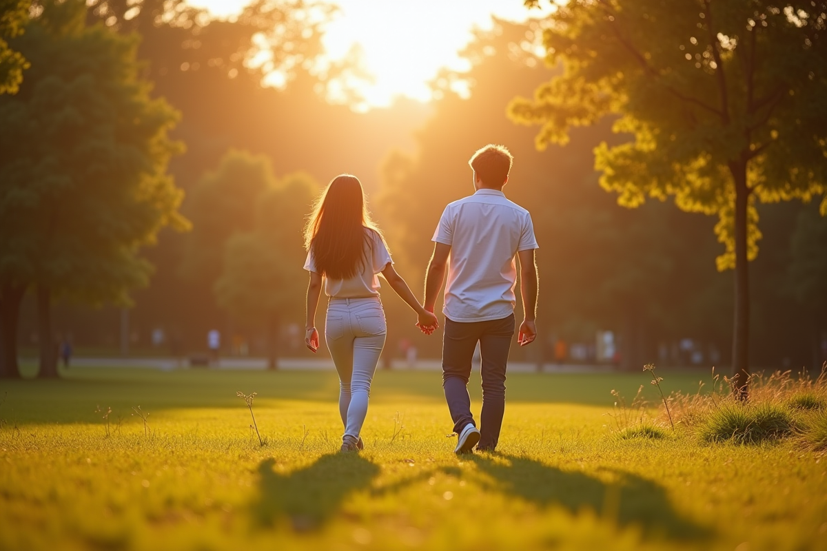 Couple marchant dans un parc ensoleille