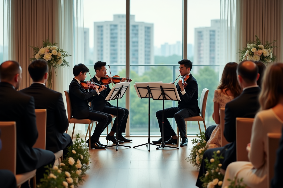 Quatuor à cordes jouant dans salle de mariage moderne