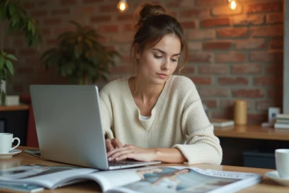 Jeune femme recherchant des robes de mariée pas cher sur un ordinateur portable depuis son bureau à domicile
