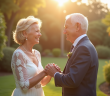 Couple agee renouvelant leurs vœux dans un jardin ensoleille