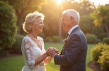Couple agee renouvelant leurs vœux dans un jardin ensoleille