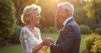 Couple agee renouvelant leurs vœux dans un jardin ensoleille